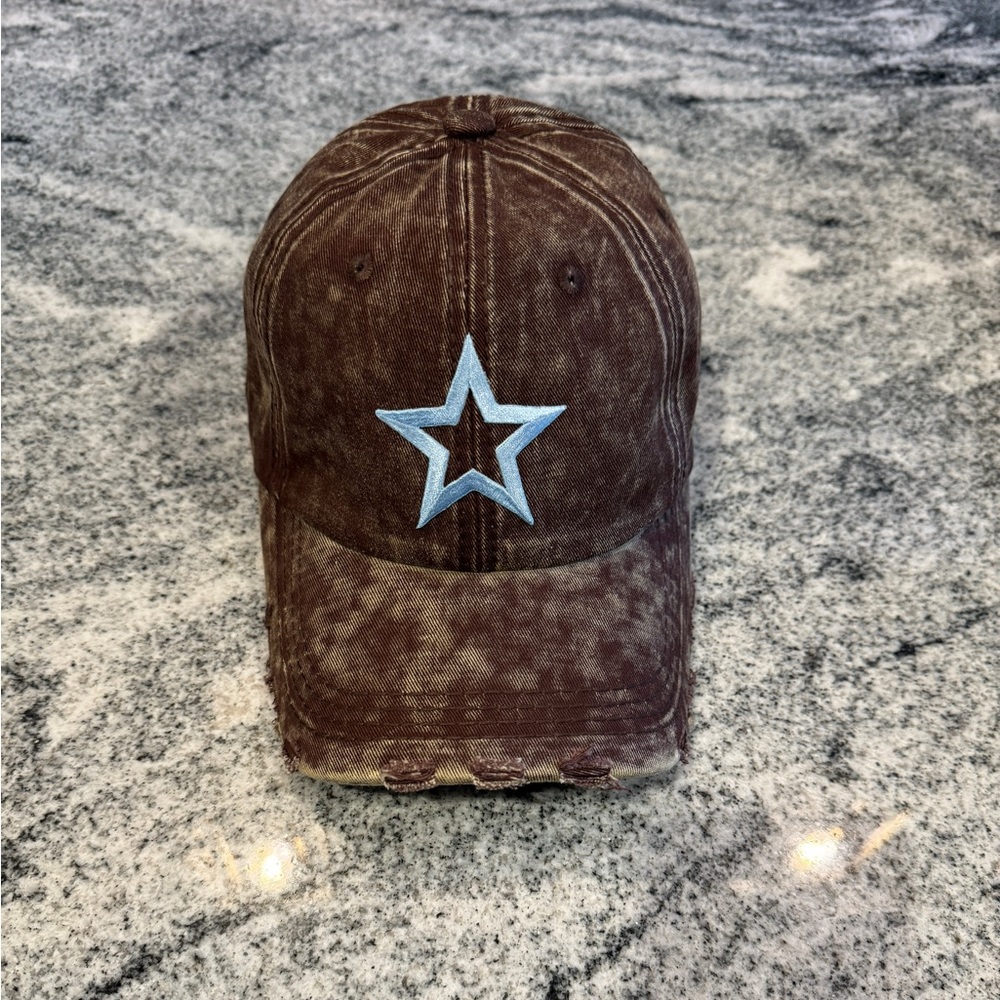 New Custom Designed Brown Distressed Baseball Cap with Blue Open Star
